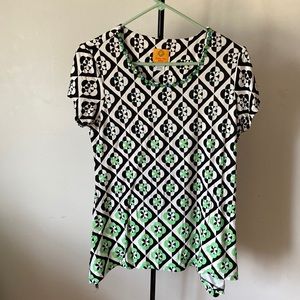 Ruby Rd Petite S short sleeve hi/lo hem geometric patterns shirt w/jeweled neck